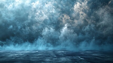 Abstract blue smoke moves on black background. Blue fog on the empty dark scene, studio room with...