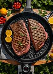 Steak on the table or on the grill in the backyard of a house or villa on a weekend or vacation. Sunny day, close-up