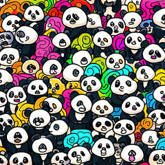 Fototapeta premium Many panda, doodle art style, colorful, illustration generated by Ai