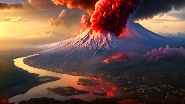 Volcanic eruption in the city of Kamchatka at sunset, Karimskiy volcano, Volcanic eruption in Kamchatka, ash flow, and destruction