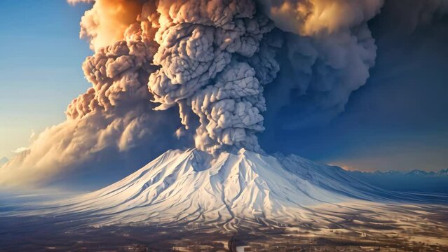 Volcanic eruption of Kamchatka. Panoramic view, Karimskiy volcano, Volcanic eruption in Kamchatka, ash flow, and destruction