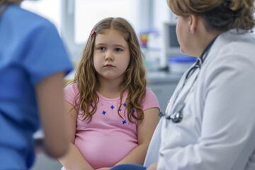 Obraz premium A young plump girl sits on a couch, looking sad. Children obesity