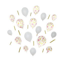 several flying white flower balloons isolated on white, 3d rendered