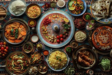 Against a backdrop of intricately patterned tablecloths, a spread of Arabic dishes dazzles the senses, their rich aromas and vibrant colors captured in stunning HD detail