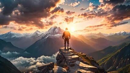 Hiker on the top of a mountain at sunset. 3d rendering, Magical Fantasy Adventure Composite of a man hiking on top of a rocky mountain peak, Background - Powered by Adobe