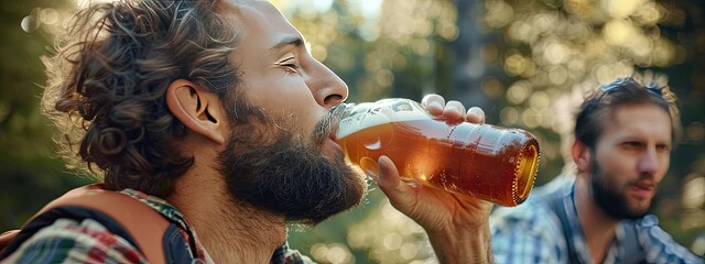 men drink beer in nature. selective focus