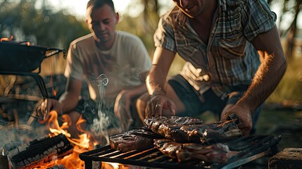 Fototapeta premium men grill meat outdoors. selective focus