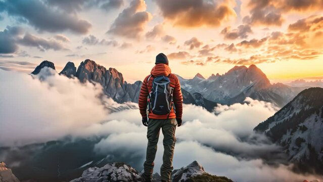 A man triumphantly stands atop a mountain peak, donning a backpack, A lonely man enjoys the view of the summer mountains while he standing on a mountain peak