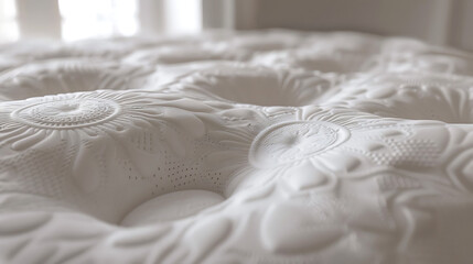 a close-up view of a white, textured mattress. The surface of the mattress features circular impressions with intricate designs, creating an elegant pattern