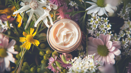 Face cream moisturiser as skincare and bodycare product with flowers background, spa and organic...