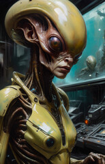 Fototapeta premium A female humanoid or alien in a room with a gloomy atmosphere. Science fiction in yellow-green-turquoise colors