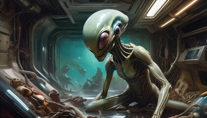 An ugly humanoid or alien in a room with a gloomy atmosphere. Science fiction in yellow-green-turquoise colors