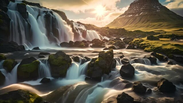 Majestic Waterfall Cascading Down a Towering Mountain, The perfect view of the famous powerful Gljufrabui cascade in sunlight, A dramatic and gorgeous scene, A unique place on earth