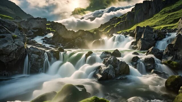 Majestic Waterfall in Rocky River, The perfect view of the famous powerful Gljufrabui cascade in sunlight, A dramatic and gorgeous scene, A unique place on earth