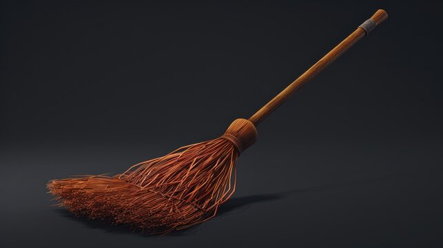 A simple broom with a wooden handle on a black background. Suitable for cleaning or Halloween themed designs