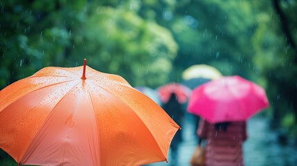 Close-up view of a colorful umbrella in the rain, with a blurred figure and trees behind it. - obrazy, fototapety, plakaty