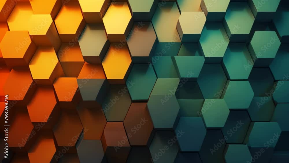 Poster 3d rendering of abstract hexagon shape background in blue and orange color, abstract background with