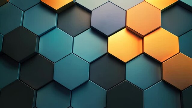 3d rendering of abstract metallic background with hexagons in black, blue and golden colors, Abstract background with hexagons