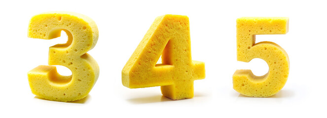 Numbers 3, 4, 5. Alphabet Made of Yellow Cleaning Sponge on White Background