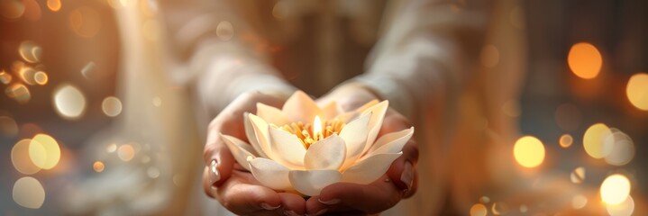 Hands holding a luminous lotus flower surrounded by soft lights. Lotus bloom with glowing light in...