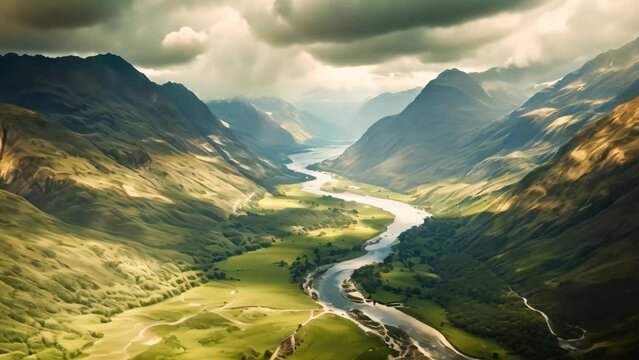 Aerial view of the Glen Etive and Glen Etive in Scotland, Aerial View of Glencoe and the Mountains Surrounding The Small Town in Scotland