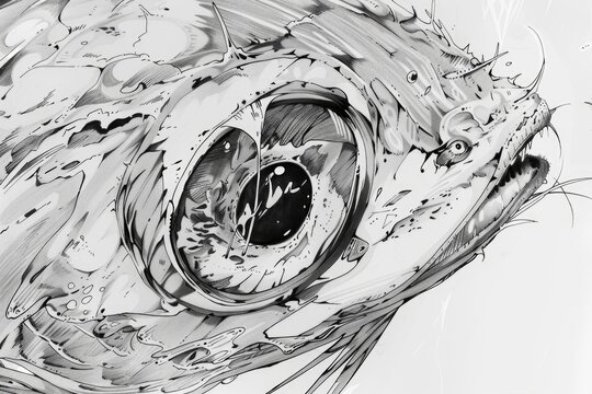 Detailed black and white drawing of a fish's eye, perfect for scientific publications or educational materials