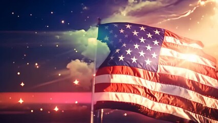 United States of America flag with fireworks background. 3D illustration, Celebratory fireworks against the background of the American flag on US Independence Day