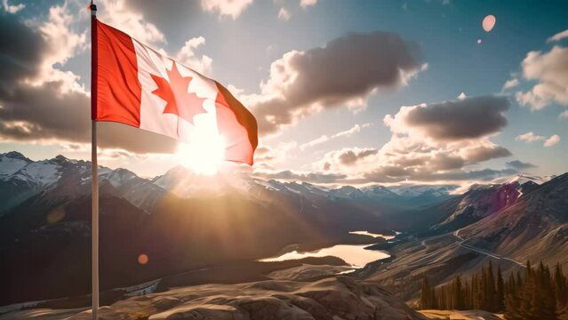 Canadian flag waving in the wind against a background of mountains and lake, Canada flag and beautiful Canadian landscapes