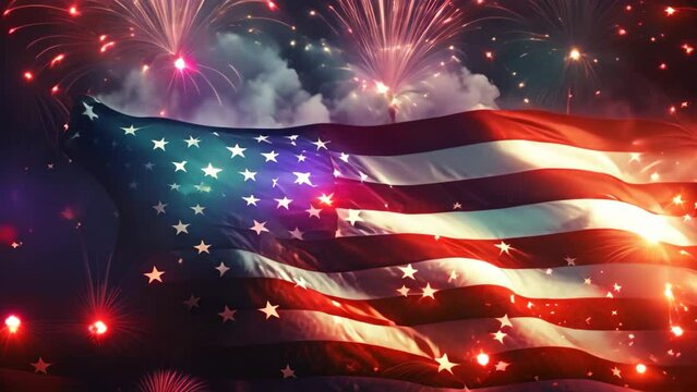American flag with fireworks on the background of the american national flag, Celebratory fireworks against the background of the American flag on US Independence Day