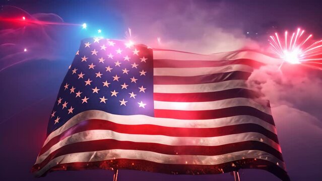USA flag with fireworks on dark sky background. Independence day concept, Celebratory fireworks against the background of the American flag on US Independence Day