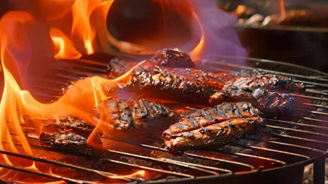 Grilled pork ribs on barbecue grill with flames and smoke, closeup, Close-up of barbecues cooking grilling on charcoal