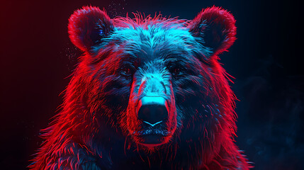 Fototapeta premium a bear with red and blue colors on its face and head, with a black background and a red light