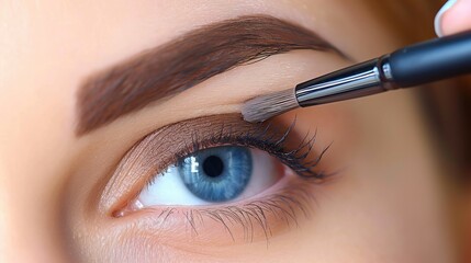 Makeup artist applying eye shadow on eyes of a beautiful young woman.