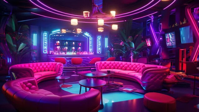 Interior of a night club with neon lights, 3d render, Colorful interior of a bright and beautiful night club with dark seats and glowing lights