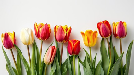 A vibrant bunch of tulips stands out against a clean white backdrop