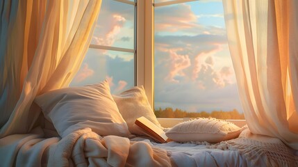 Against a backdrop of serene pastel skies, a cozy reading nook beckons with plush pillows and a...