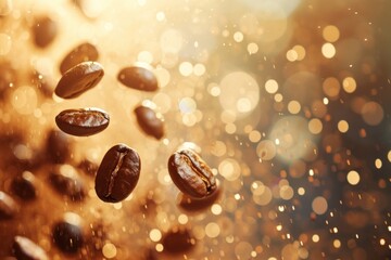 Coffee beans shape pattern gold bokeh effect background coffee  - Powered by Adobe