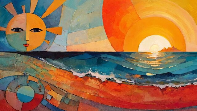 Cubist Sunscape: Abstract Art of Sun Over Ocean