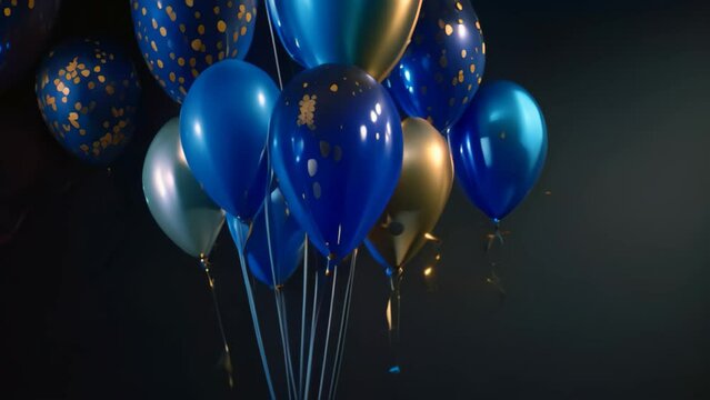 Golden, blue and black balloons on black background. 3d illustration, 3D render of blue and golden balloons with confetti on a black background