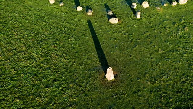 Long Meg and Her Daughters. Prehistoric Neolithic stone circle. Langwathby, Cumbria, UK. Video fly up of circle from Long Meg tall outlier stone