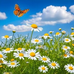 Beautiful Landscape with Daisy Flowers and Butterflies