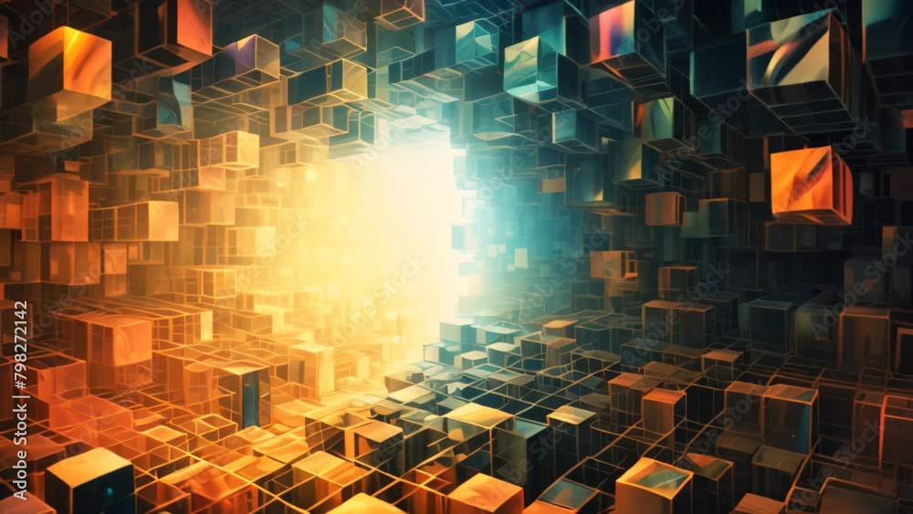Poster abstract technology background with glowing cubes. 3d rendering toned video, abstract cuboid represe