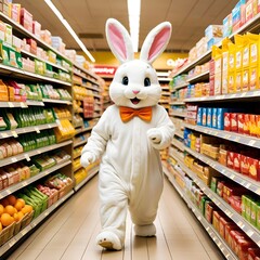 Man Dressed as Easter Bunny in a Supermarket. Happy Easter!