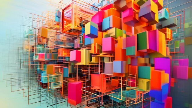 Abstract 3D rendering of colorful cubes. Futuristic technology style background, Abstract cuboid representation of fourth-dimensional space, neural network-generated art