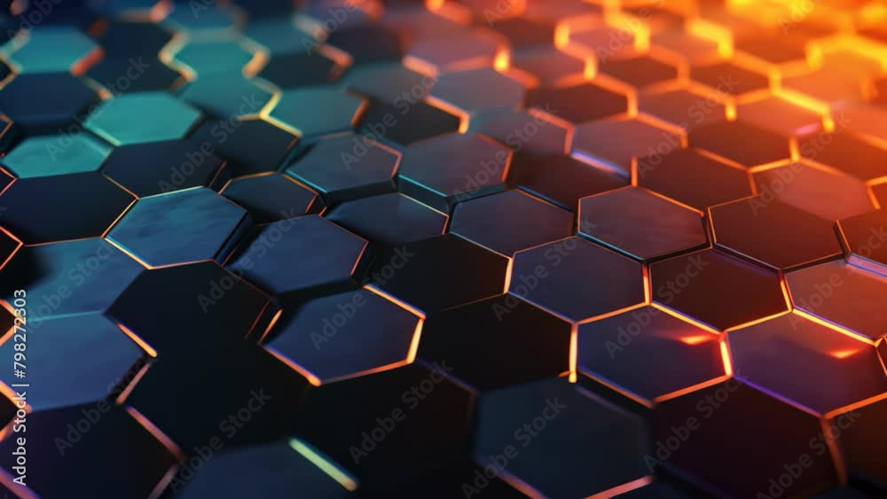 Poster 3d rendering of abstract background with hexagons in blue and orange colors, 3d rendering of an abst