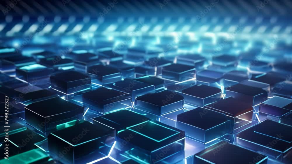 Poster abstract blue technology background with glowing cubes. 3d rendering toned video, 3d rendering of an