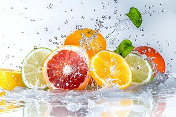 assorted fresh citrus fruits with water splash on white background healthy food photo
