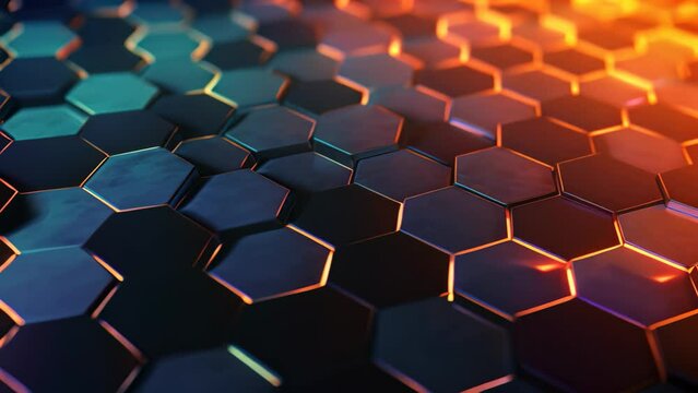3D rendering of abstract background with hexagons in blue and orange colors, 3D rendering of an abstract hexagon background with blue neon lights