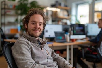 Fototapeta premium Portrait of young man sitting at desk in office and looking at camera