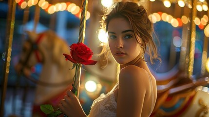 The beautiful girl in the white dress, red rose, standing at a carousel